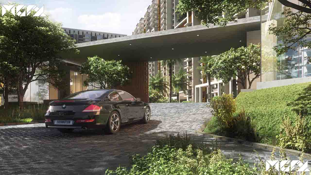 Twin Towers entrance driveway and landscape